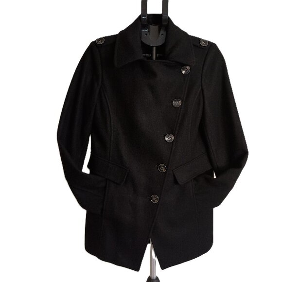 Kenneth Cole Jackets & Blazers - Kenneth Cole Asymmetrical Wool Blend Black Double Breasted Pea Coat Womens Small